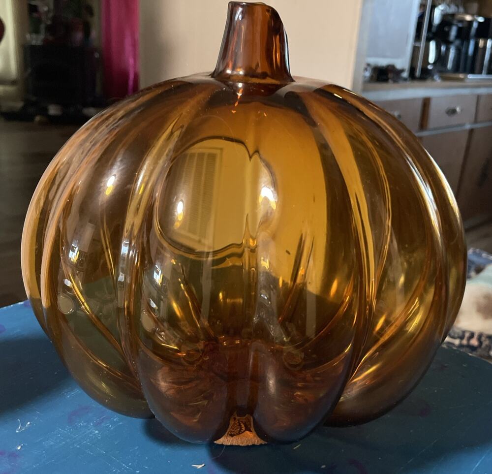 Amber Glass Votive 9.5 X 10” Pumpkin Candle Holder With Stem Chimney